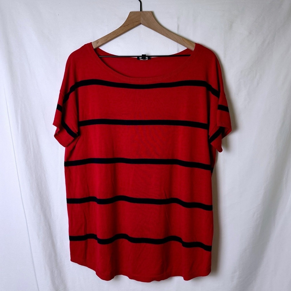 Talbots Womens Striped Short Sleeve Knit Top Size 1X Red Navy Blue Lightweight